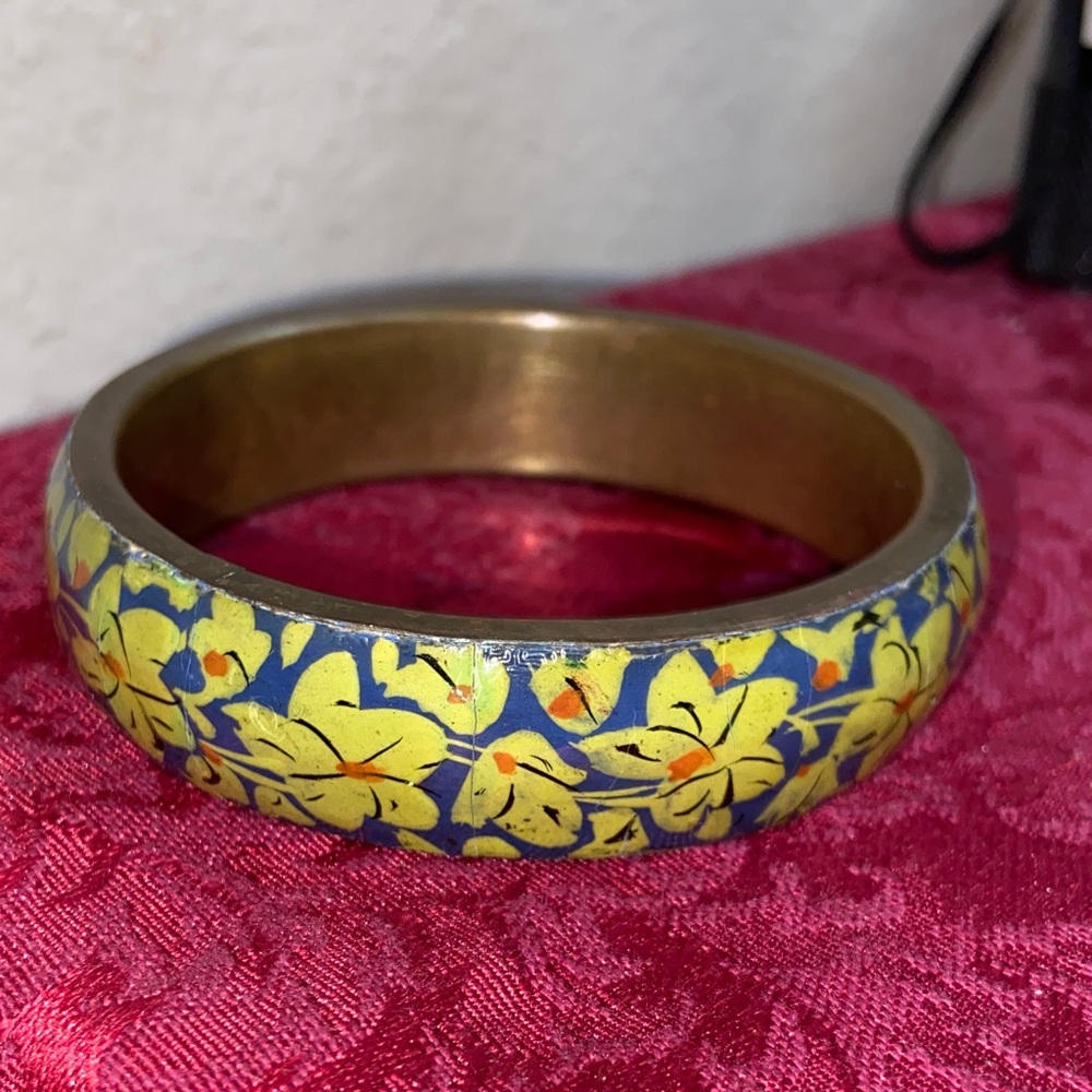 Vintage 90s Yellow & Blue Enamel Brass Bangle Bracelet